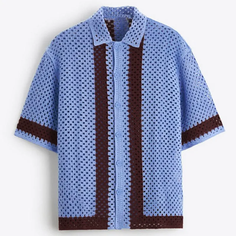 Men's blue hollow knit viscose short sleeve cardigan on a plain background