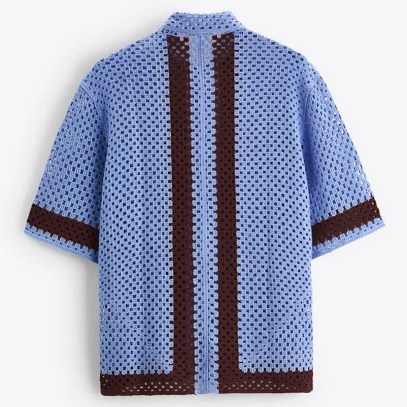 Men's blue hollow knit viscose short sleeve cardigan on a plain background