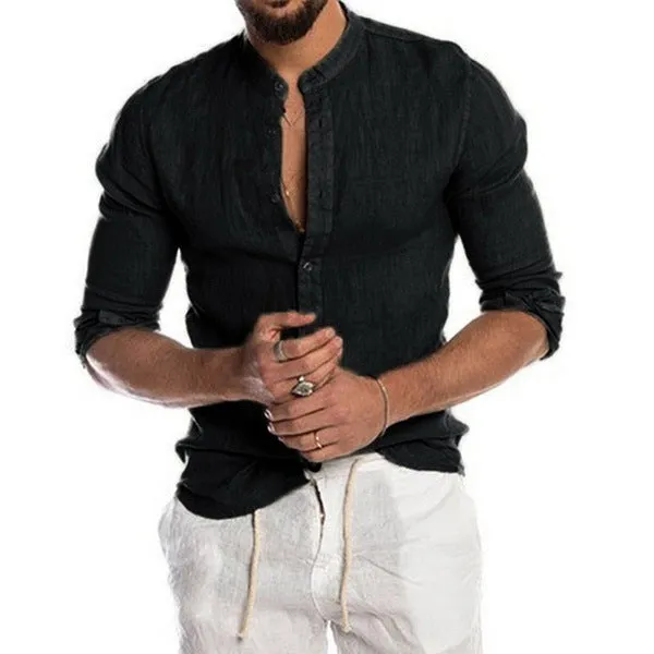 Men's 35% linen blend lapel shirt with button-down front, available in multiple colours including Khaki