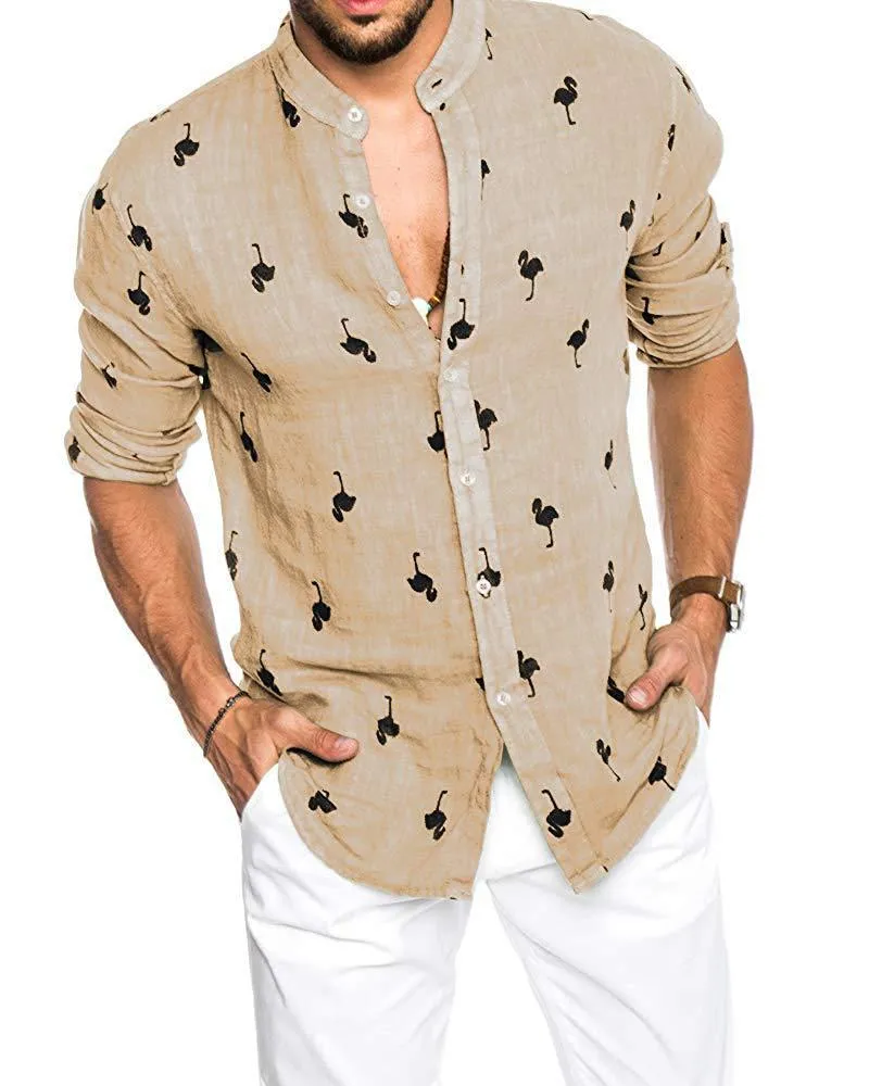 Men's 35% linen blend lapel shirt with button-down front, available in multiple colours including Khaki