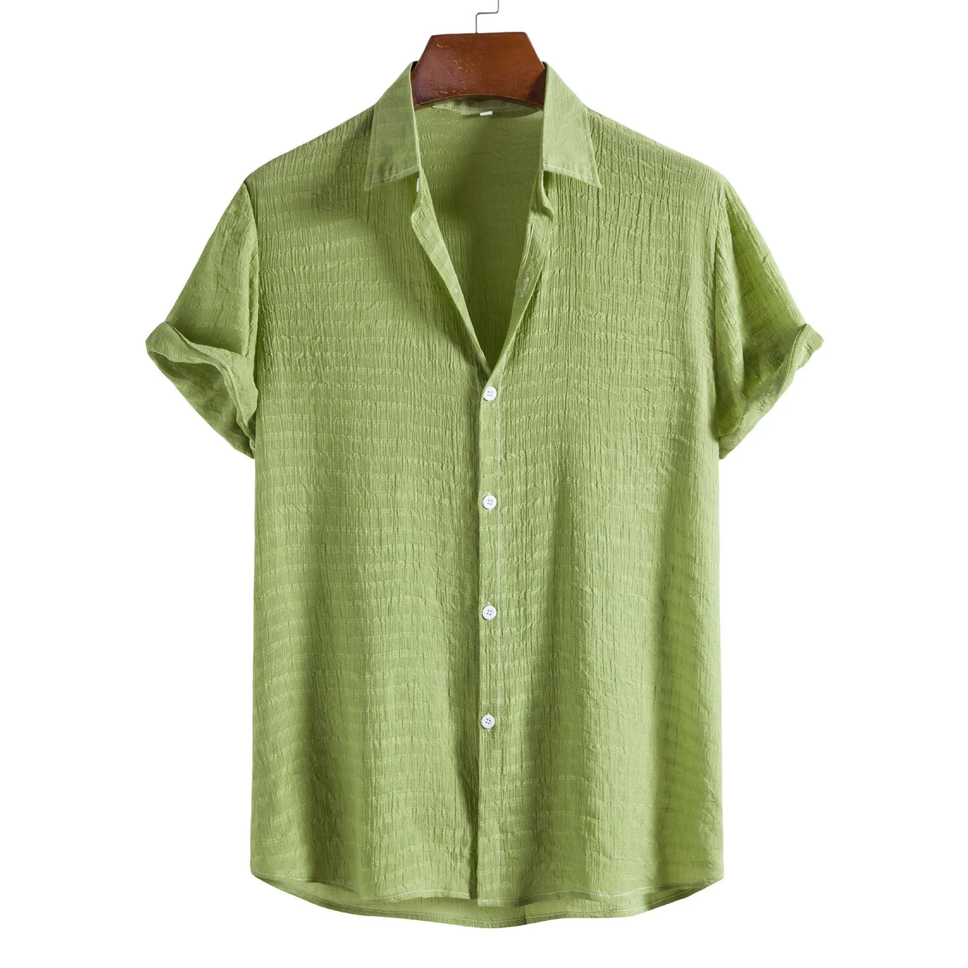 Men's solid colour dark cell short sleeve shirt in cotton-rayon blend, front view