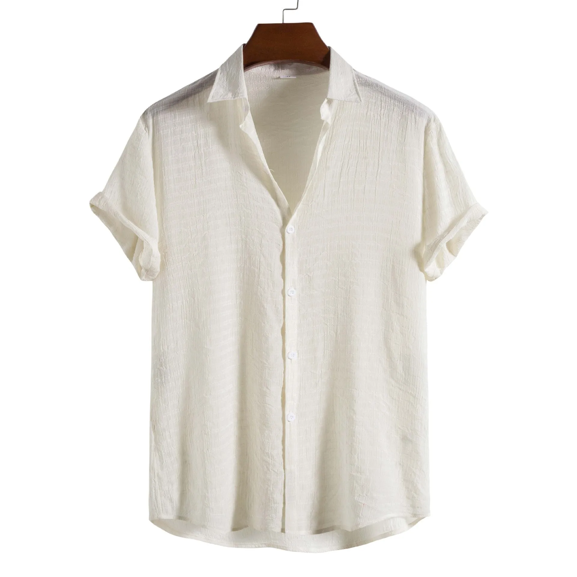 Men's solid colour dark cell short sleeve shirt in cotton-rayon blend, front view