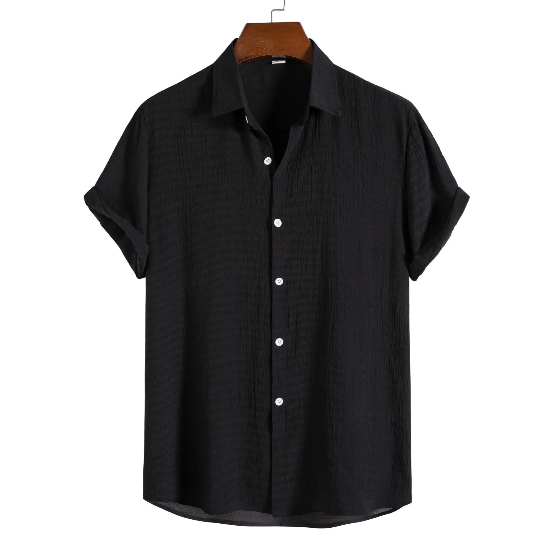 Men's solid colour dark cell short sleeve shirt in cotton-rayon blend, front view