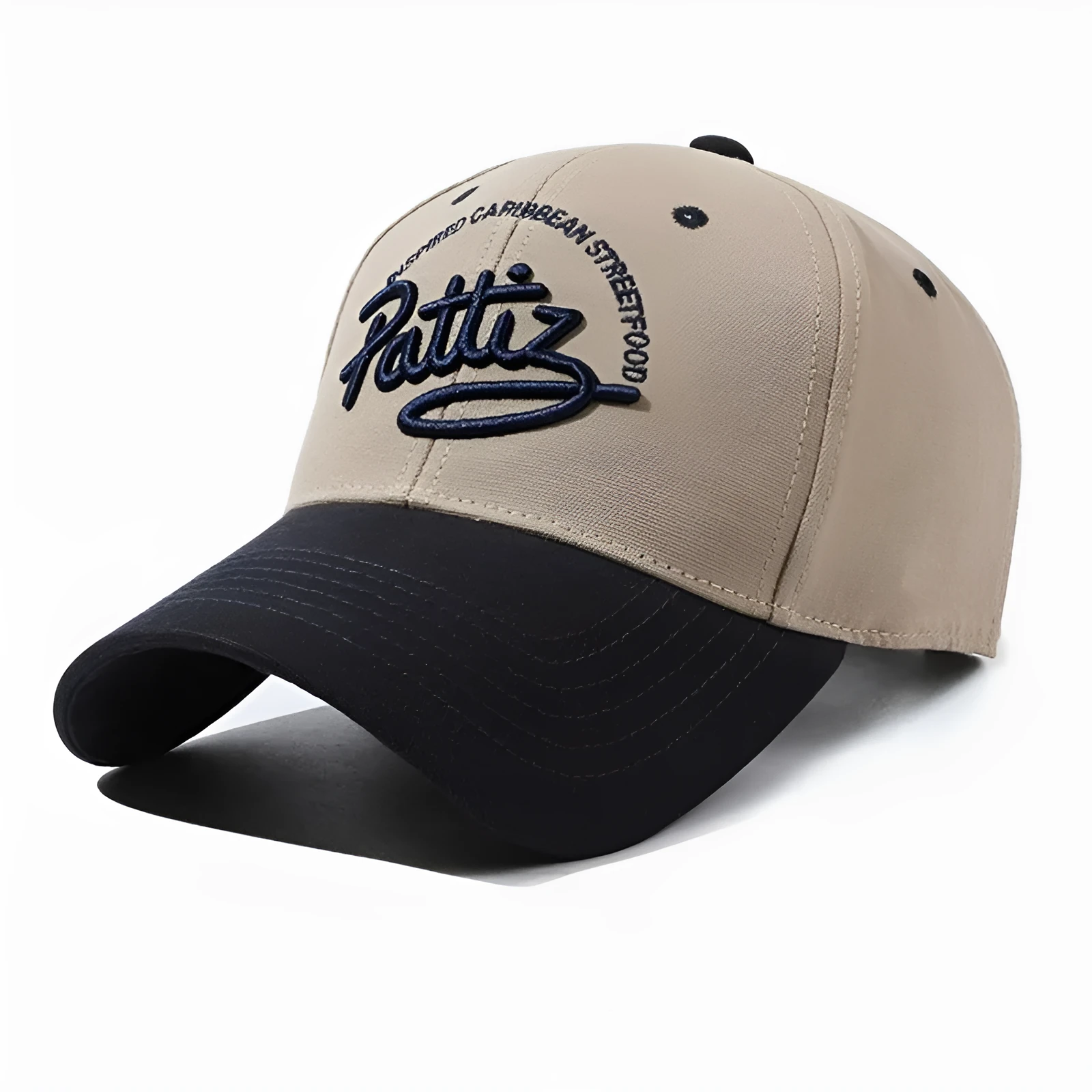 Cotton adjustable dome hat with English letter detail in black on white background