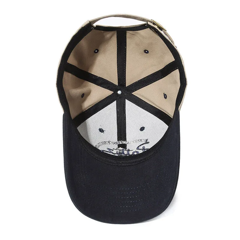 Cotton adjustable dome hat with English letter detail in black on white background
