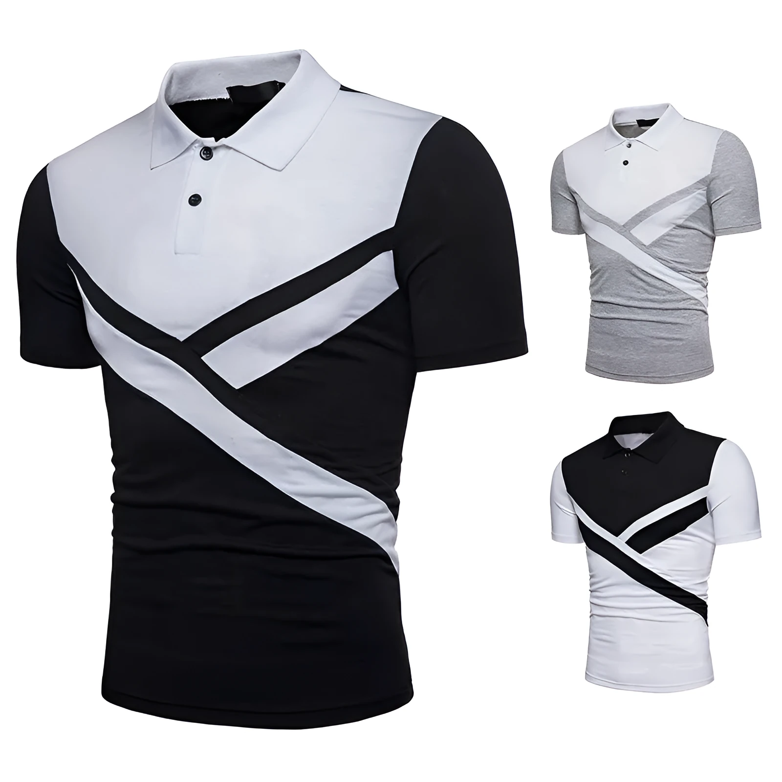 Irregular stitching short-sleeved cotton blend polo shirt with colour splicing