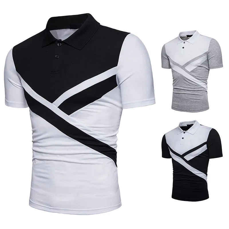 Irregular stitching short-sleeved cotton blend polo shirt with colour splicing