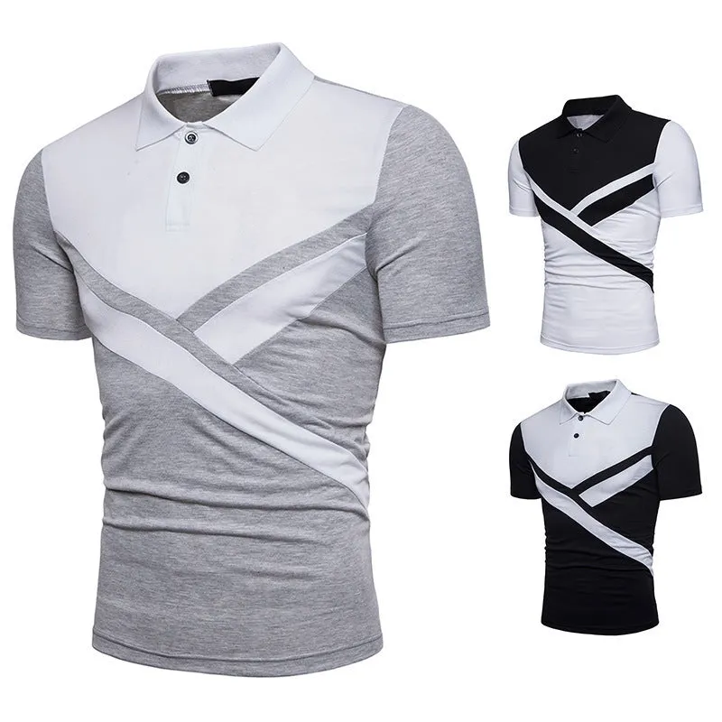 Irregular stitching short-sleeved cotton blend polo shirt with colour splicing