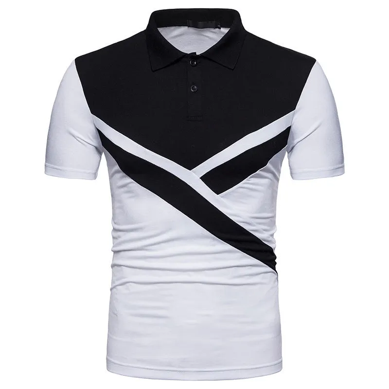 Irregular stitching short-sleeved cotton blend polo shirt with colour splicing