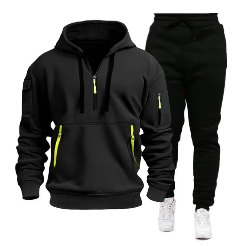 Men's polyester tracksuit set with hooded zipper top and multiple pockets in khaki black