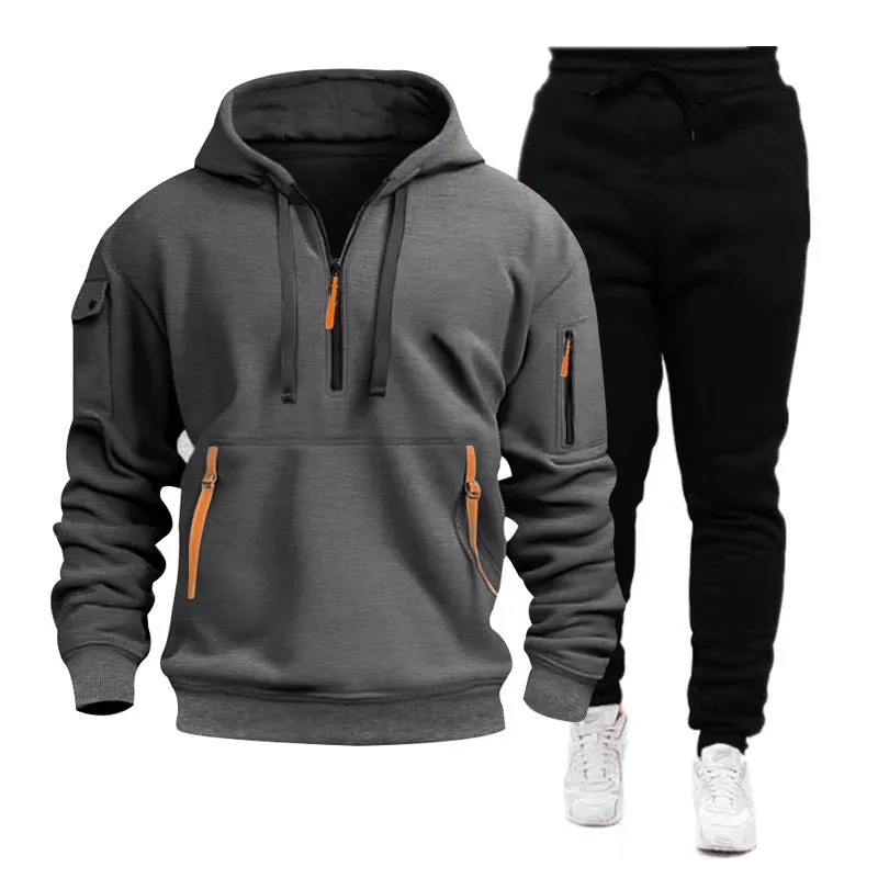 Men's polyester tracksuit set with hooded zipper top and multiple pockets in khaki black