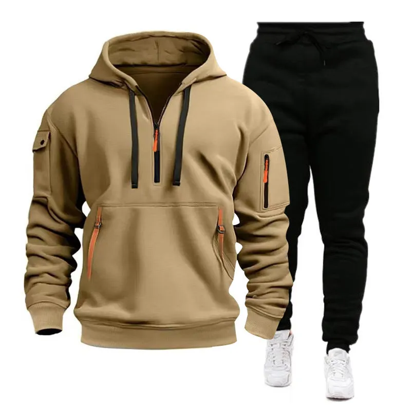 Men's polyester tracksuit set with hooded zipper top and multiple pockets in khaki black