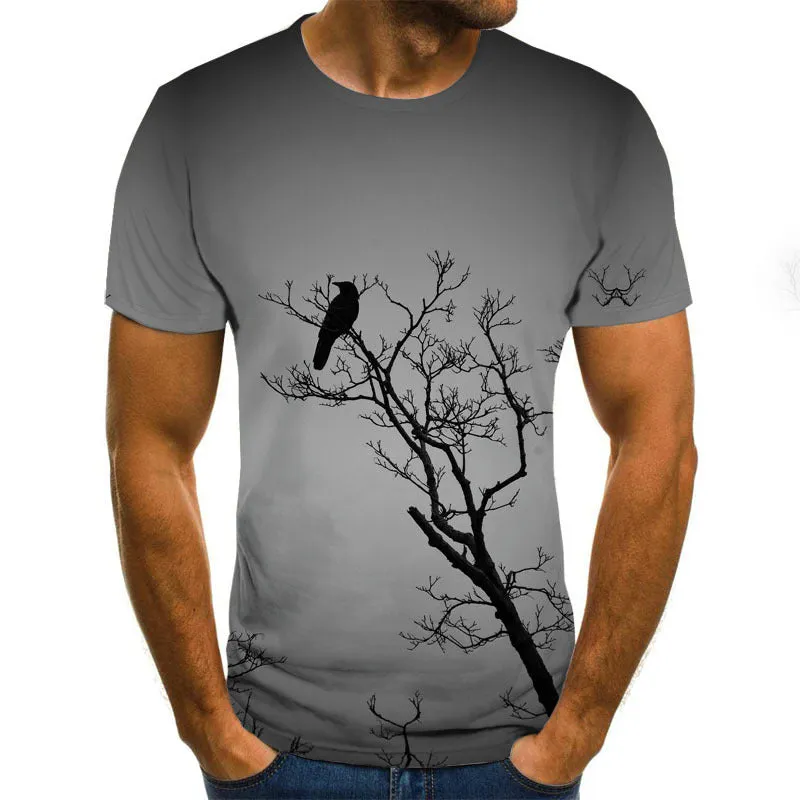 Men's casual short-sleeved T-shirt with 3D digital printing of lone bird solo pattern, loose fit, available in multiple colours