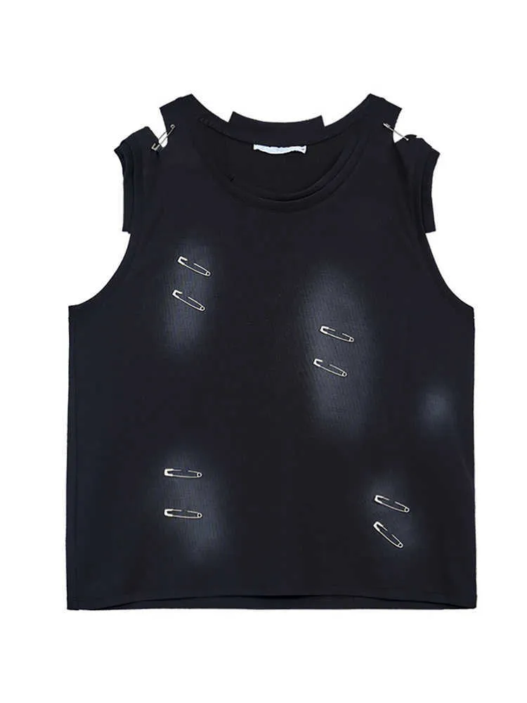 Men's black waistcoat vest with irregular ripped cutting detail, sleeveless t-shirt design