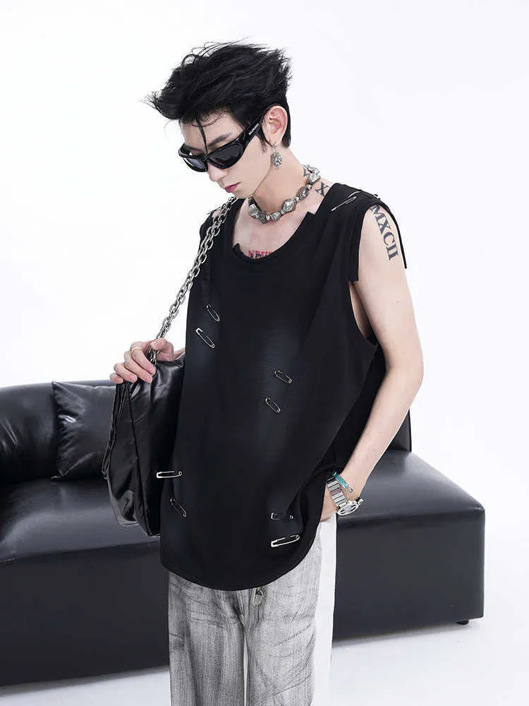 Men's black waistcoat vest with irregular ripped cutting detail, sleeveless t-shirt design