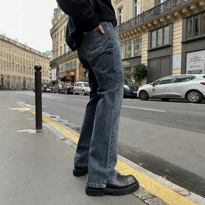 Casual blue-grey loose straight leg pants with side slits for women autumn mid waist tether closure