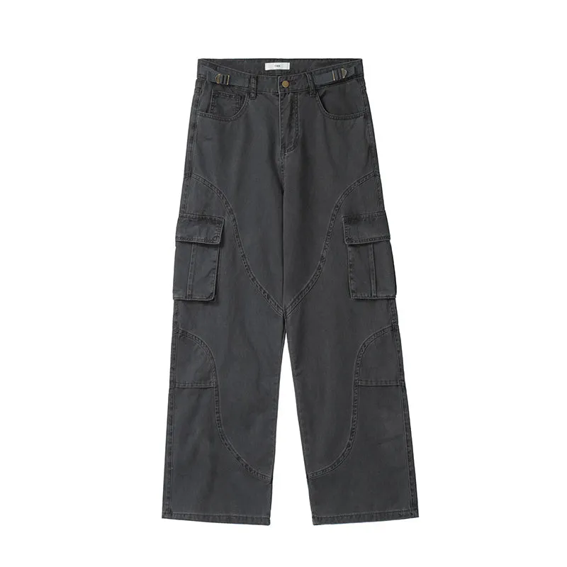 Autumn winter American style washed worn loose straight-leg overalls in black, green, and dark grey with pocket details