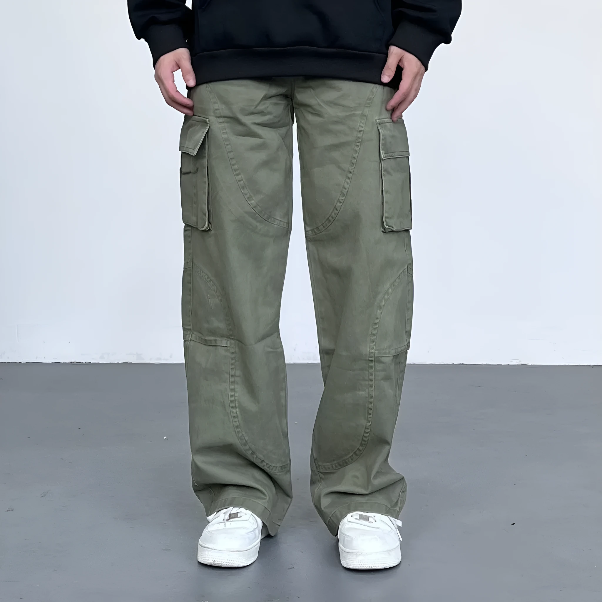 Autumn winter American style washed worn loose straight-leg overalls in black, green, and dark grey with pocket details