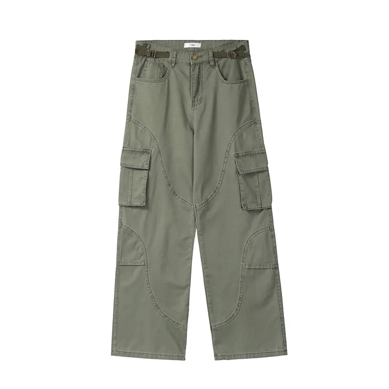 Autumn winter American style washed worn loose straight-leg overalls in black, green, and dark grey with pocket details