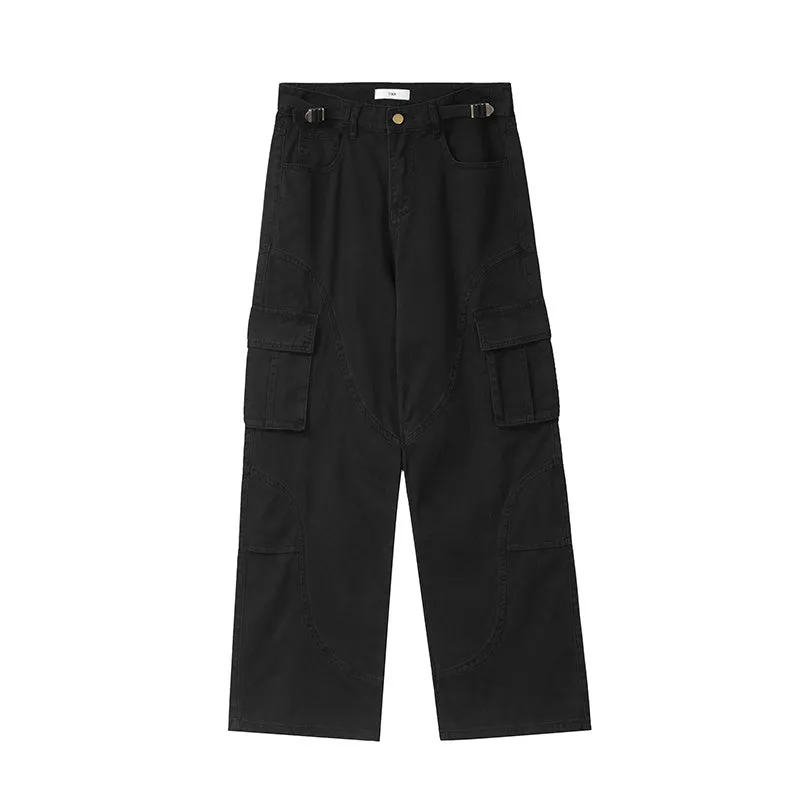 Autumn winter American style washed worn loose straight-leg overalls in black, green, and dark grey with pocket details