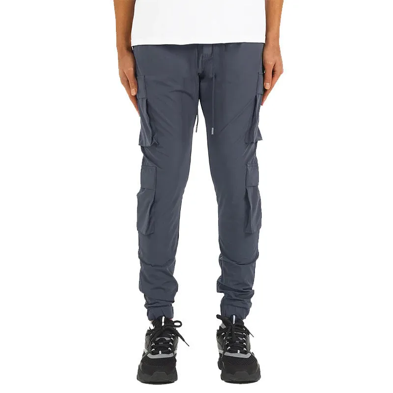 Men's stretch breathable nylon ankle banded sports slacks in black, for fitness and leisure