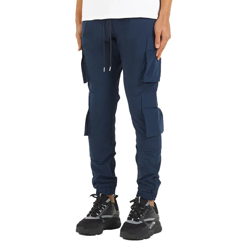 Men's stretch breathable nylon ankle banded sports slacks in black, for fitness and leisure