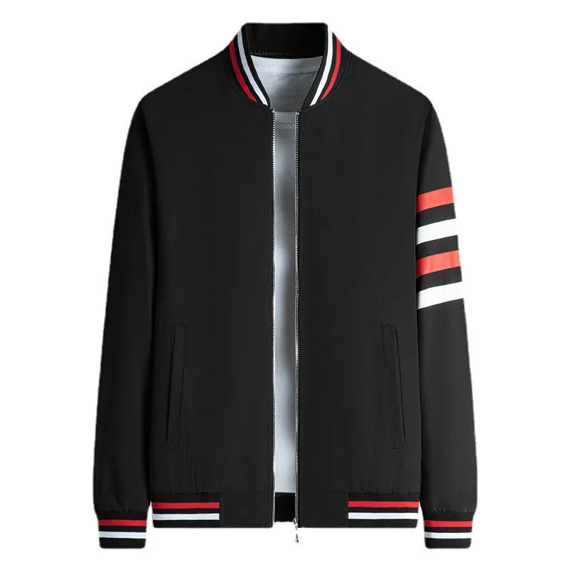 Men's baseball collar jacket with four-bar TB design in khaki, yellow, and black colours