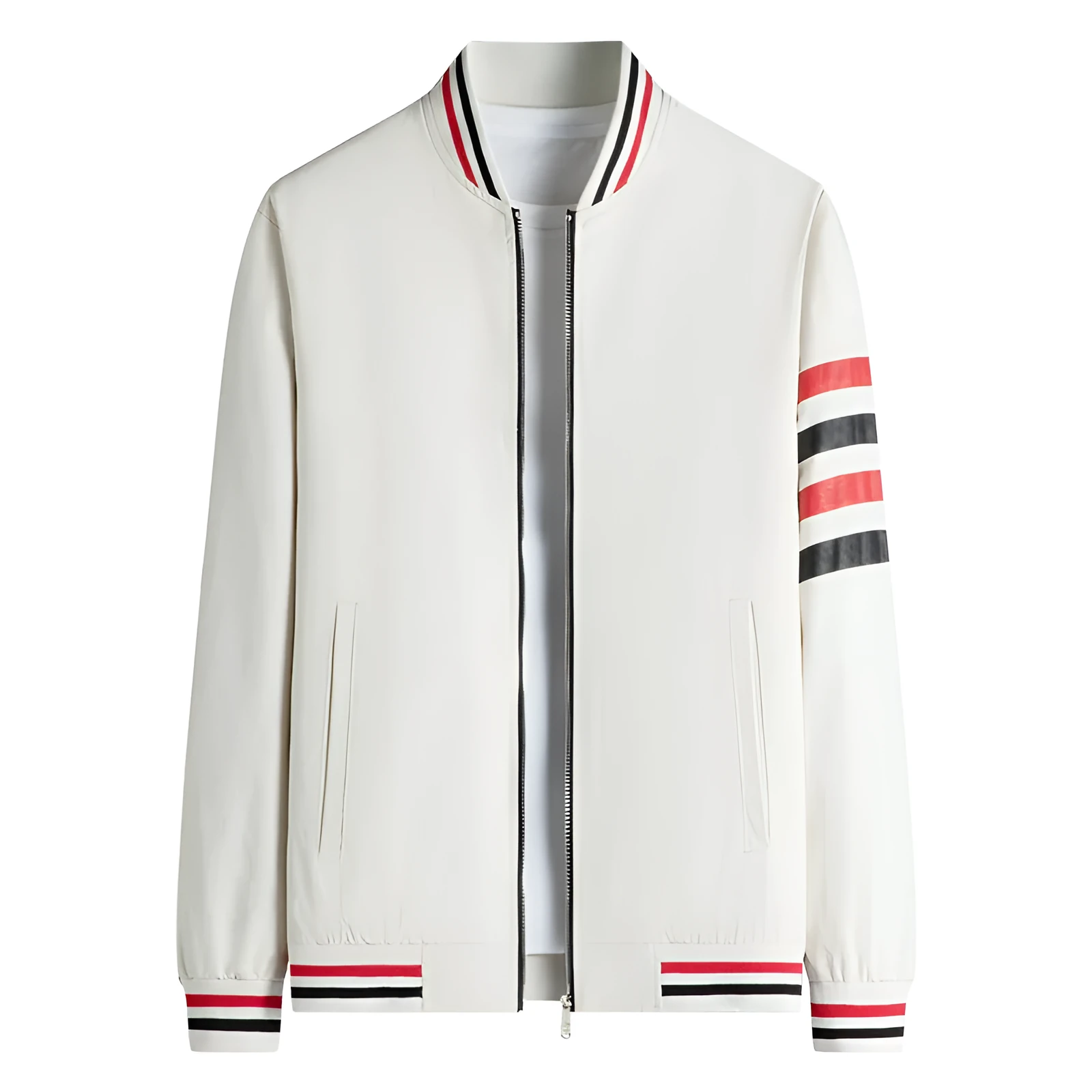 Men's baseball collar jacket with four-bar TB design in khaki, yellow, and black colours