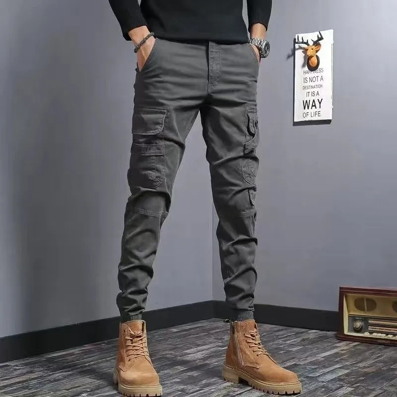 Men's slim fit elastic waist denim work pants in coffee colour, cotton fabric, nine tenths length