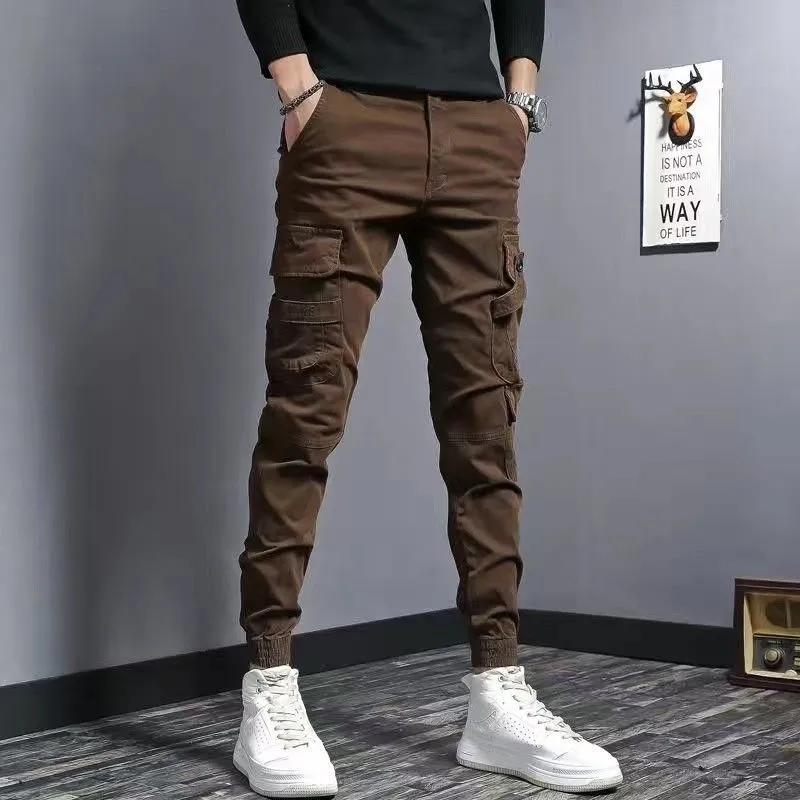 Men's slim fit elastic waist denim work pants in coffee colour, cotton fabric, nine tenths length