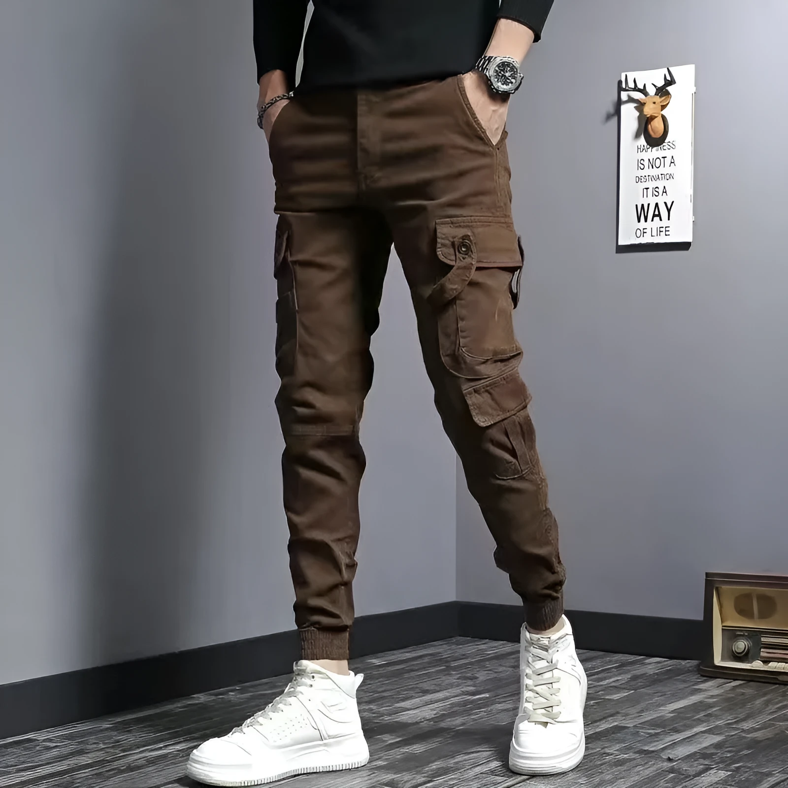 Men's slim fit elastic waist denim work pants in coffee colour, cotton fabric, nine tenths length