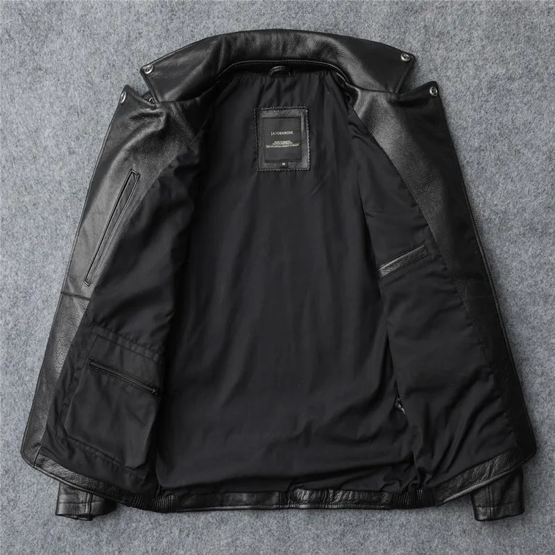 Men's slim fit black first layer cowhide biker's leather jacket with straight hem