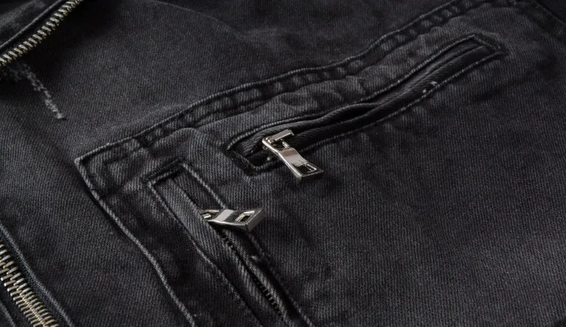 Black slim fit linen denim jacket with zipper front, zipper pockets, and lapel collar on a person