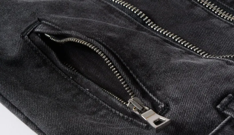 Black slim fit linen denim jacket with zipper front, zipper pockets, and lapel collar on a person