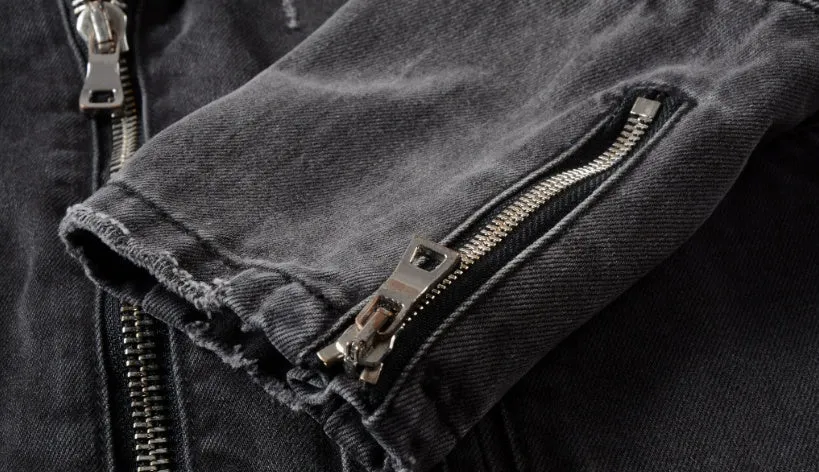 Black slim fit linen denim jacket with zipper front, zipper pockets, and lapel collar on a person