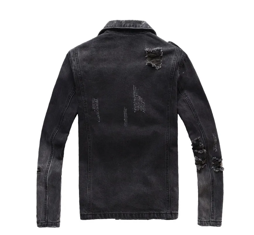 Black slim fit linen denim jacket with zipper front, zipper pockets, and lapel collar on a person