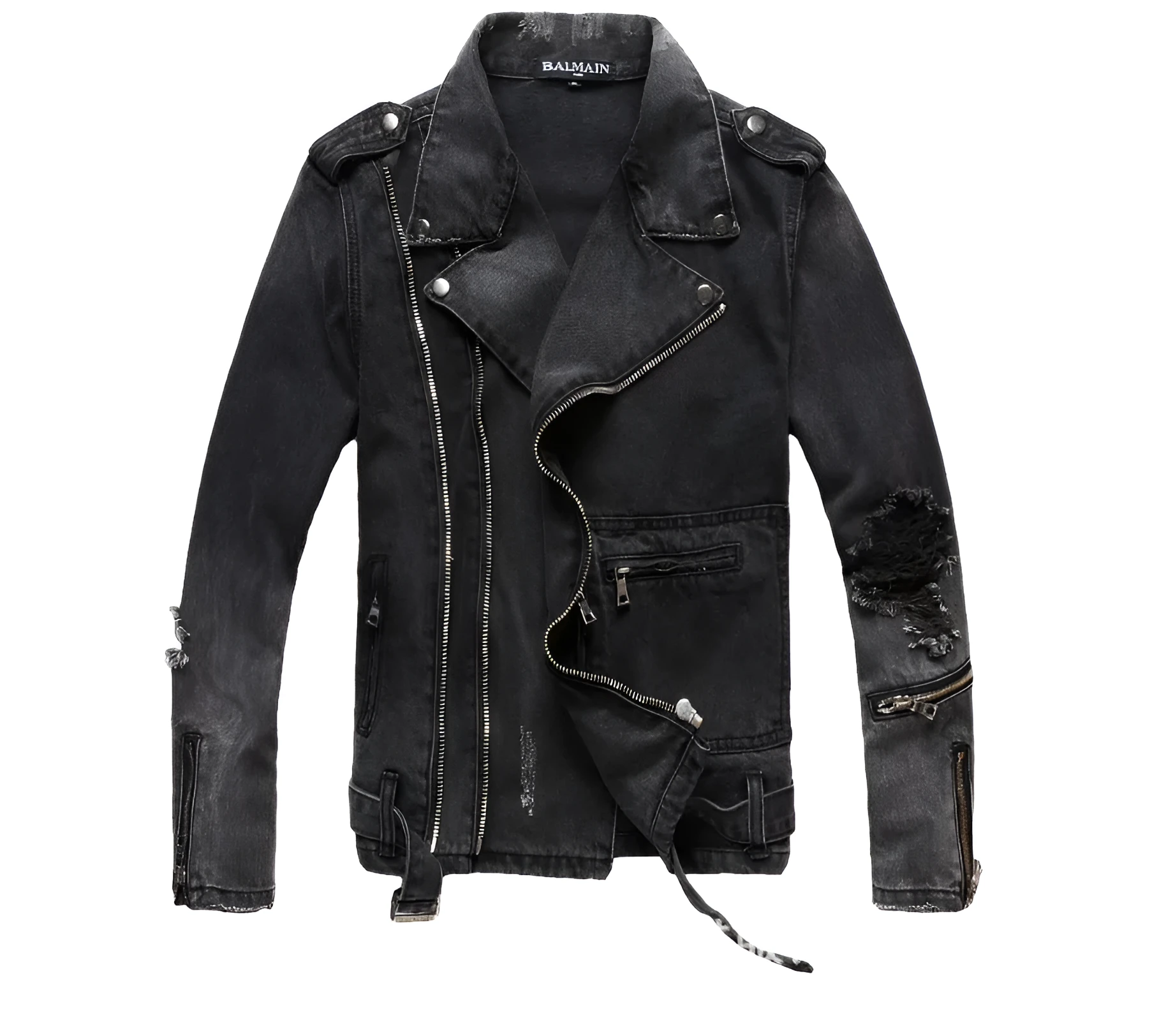 Black slim fit linen denim jacket with zipper front, zipper pockets, and lapel collar on a person