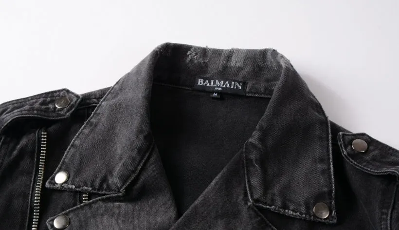 Black slim fit linen denim jacket with zipper front, zipper pockets, and lapel collar on a person
