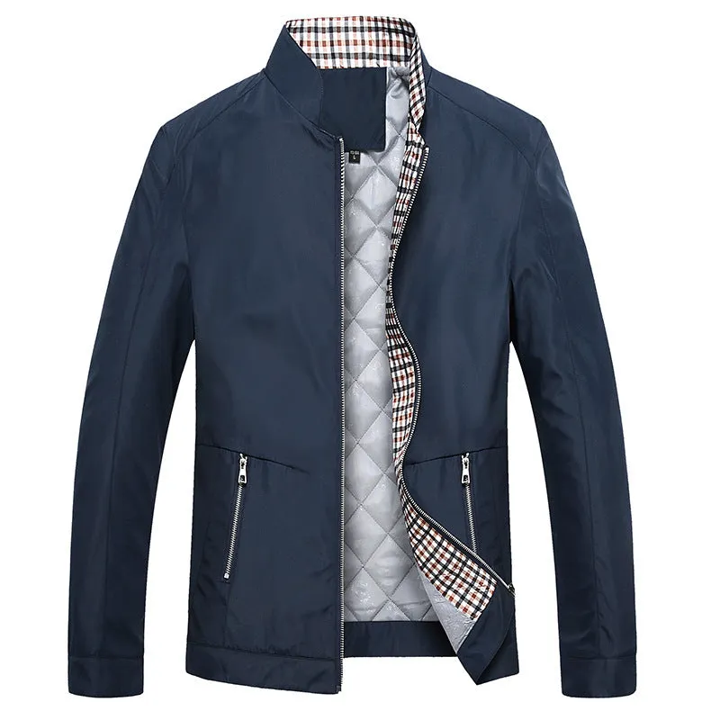 Winter thick business casual stand collar jacket in black with front zipper and loose fit