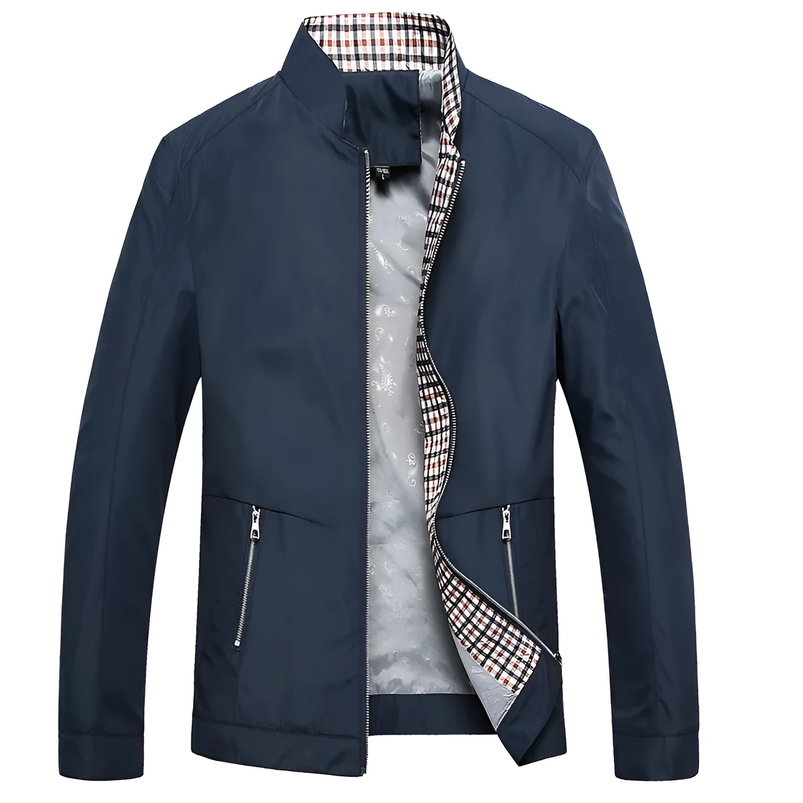 Winter thick business casual stand collar jacket in black with front zipper and loose fit
