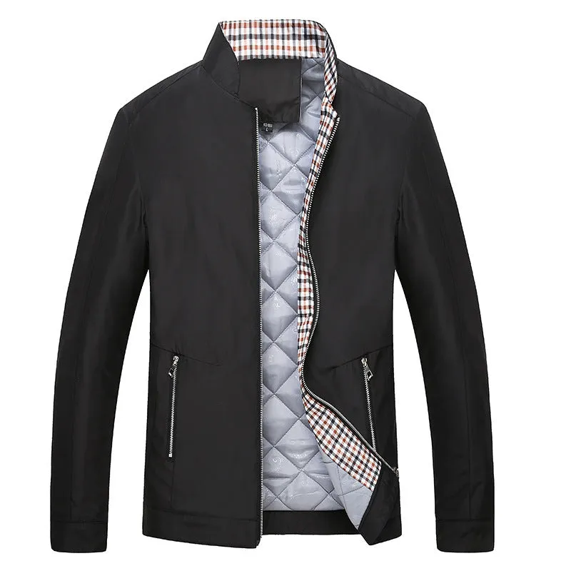 Winter thick business casual stand collar jacket in black with front zipper and loose fit
