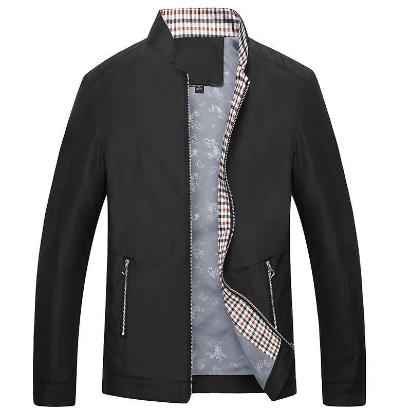 Winter thick business casual stand collar jacket in black with front zipper and loose fit