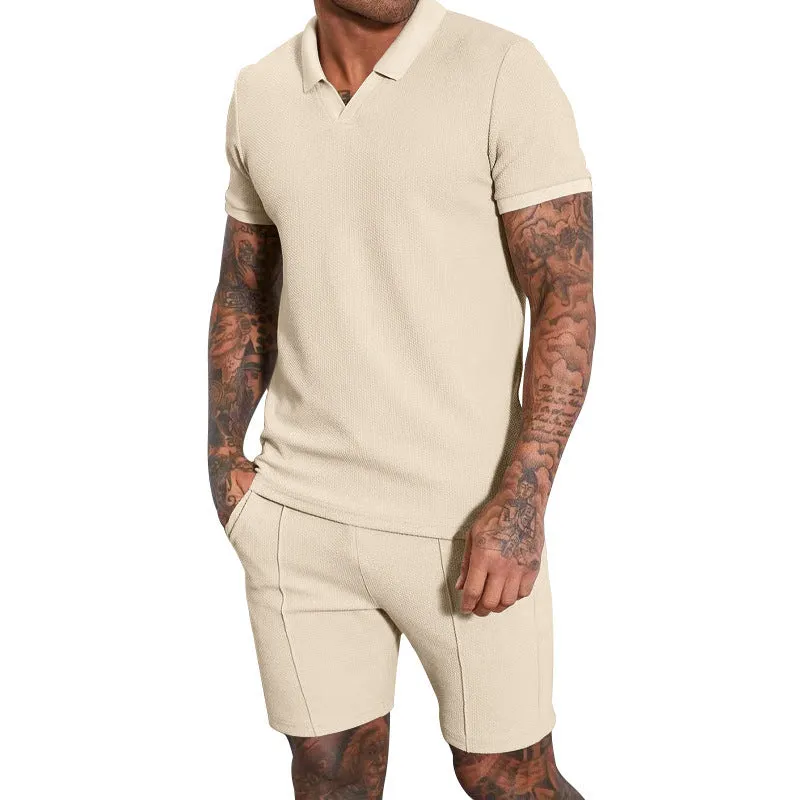 Men's two-piece lapel polo suit set in khaki, polyester fiber, matching top and trousers