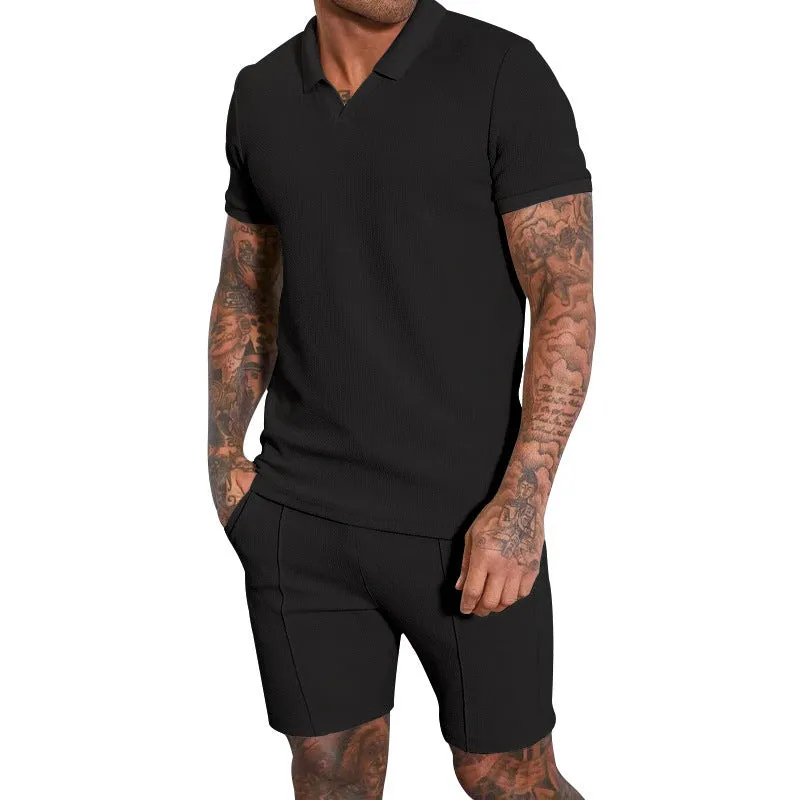 Men's two-piece lapel polo suit set in khaki, polyester fiber, matching top and trousers