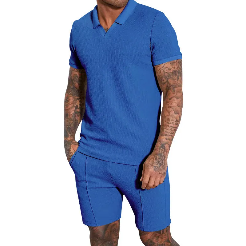 Men's two-piece lapel polo suit set in khaki, polyester fiber, matching top and trousers
