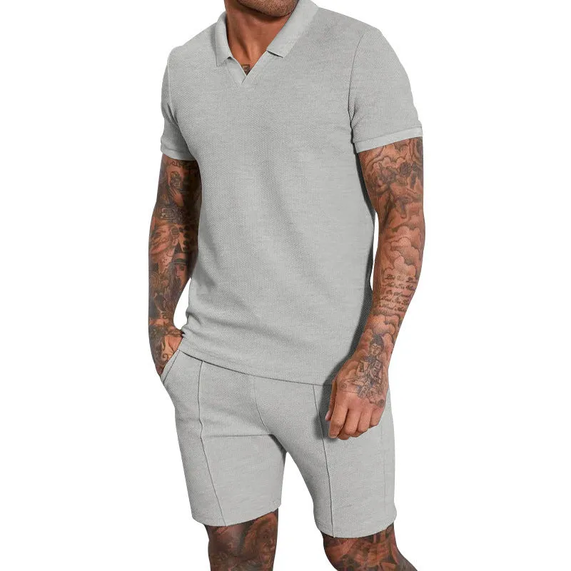 Men's two-piece lapel polo suit set in khaki, polyester fiber, matching top and trousers