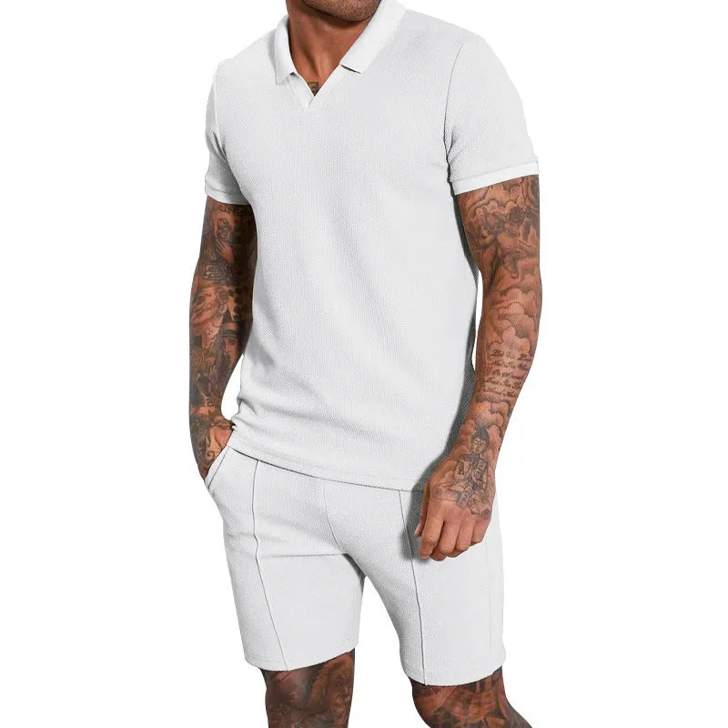 Men's two-piece lapel polo suit set in khaki, polyester fiber, matching top and trousers