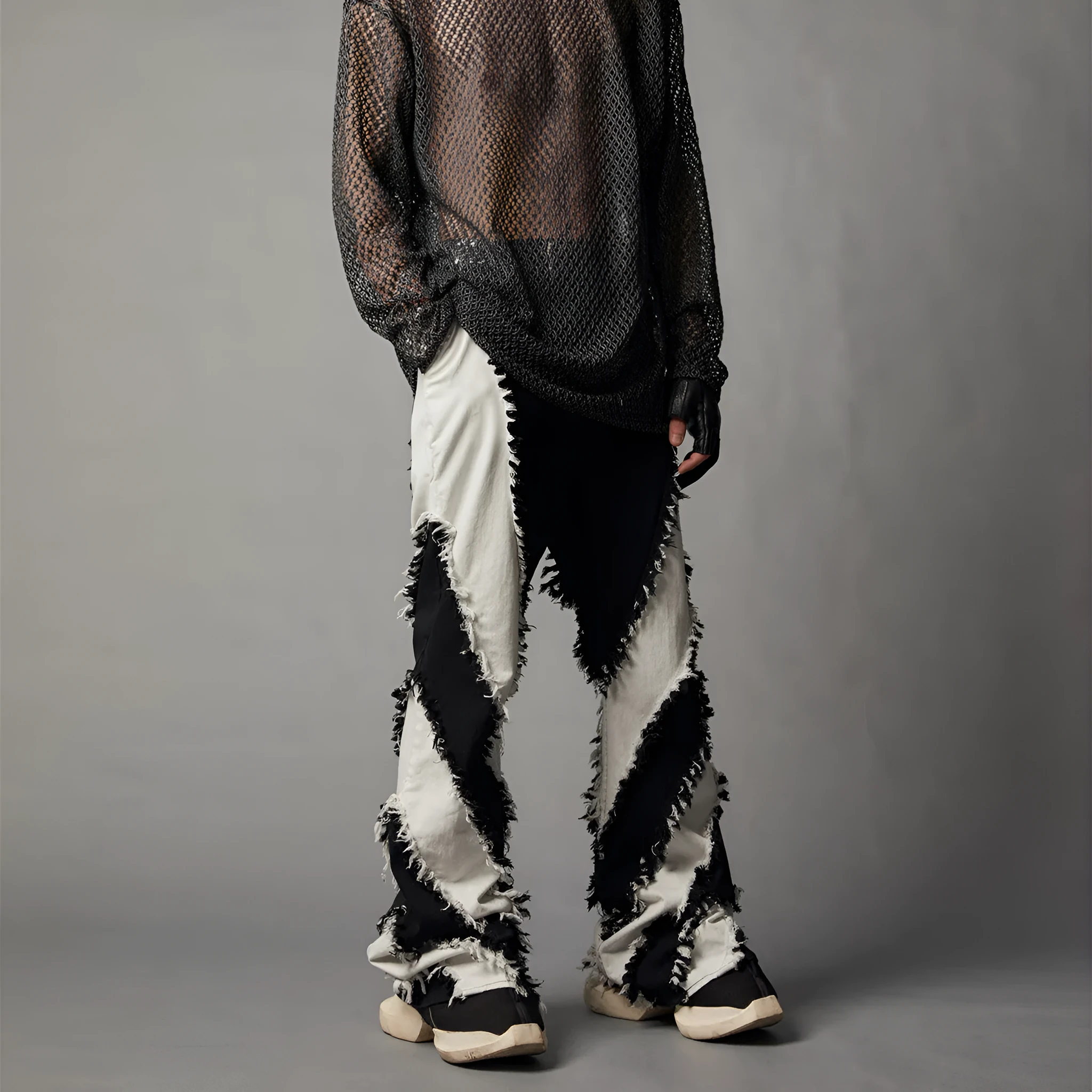 Black and white patchwork slim fit rough edge washed jeans for men in denim fabric