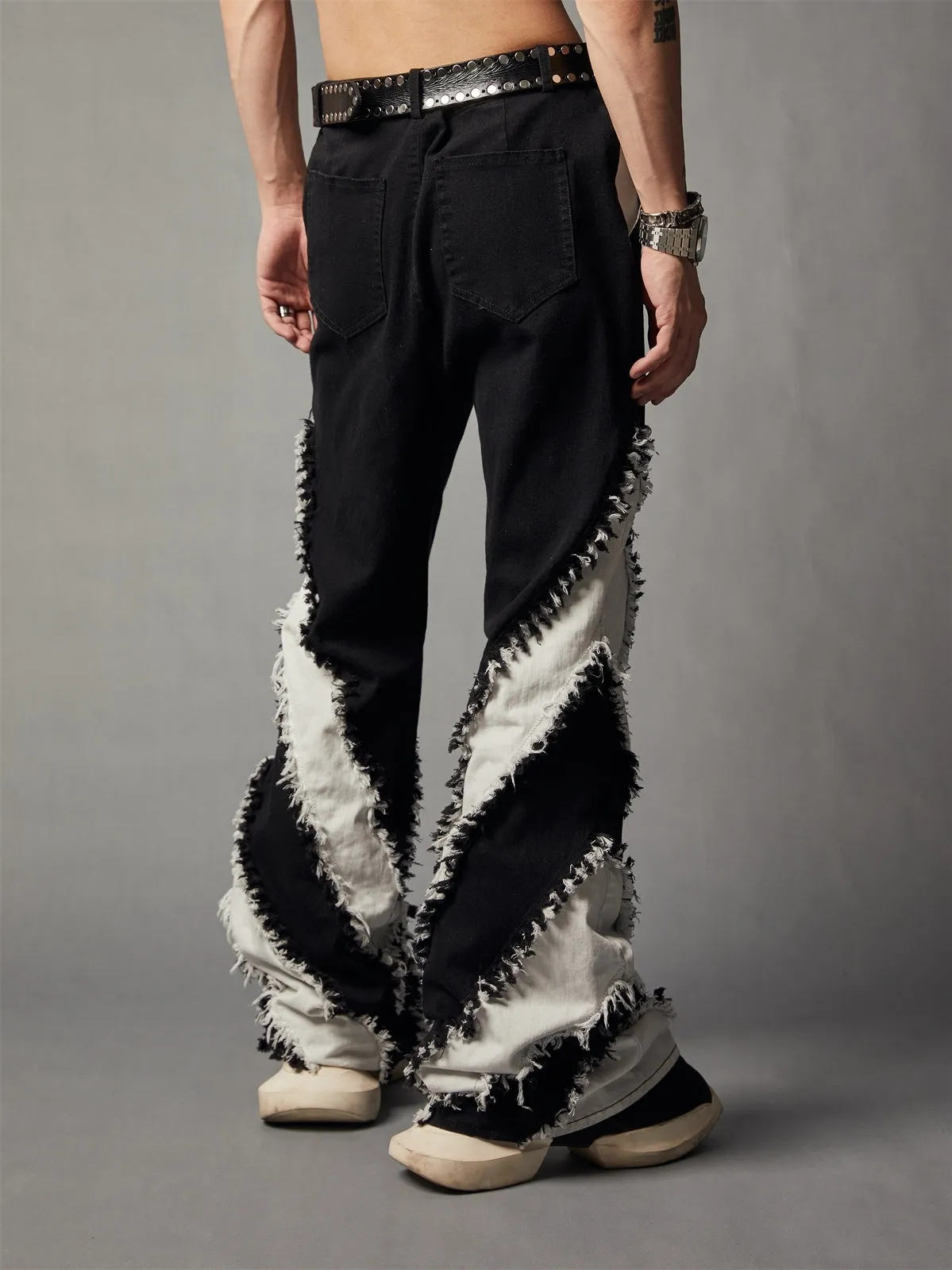 Black and white patchwork slim fit rough edge washed jeans for men in denim fabric