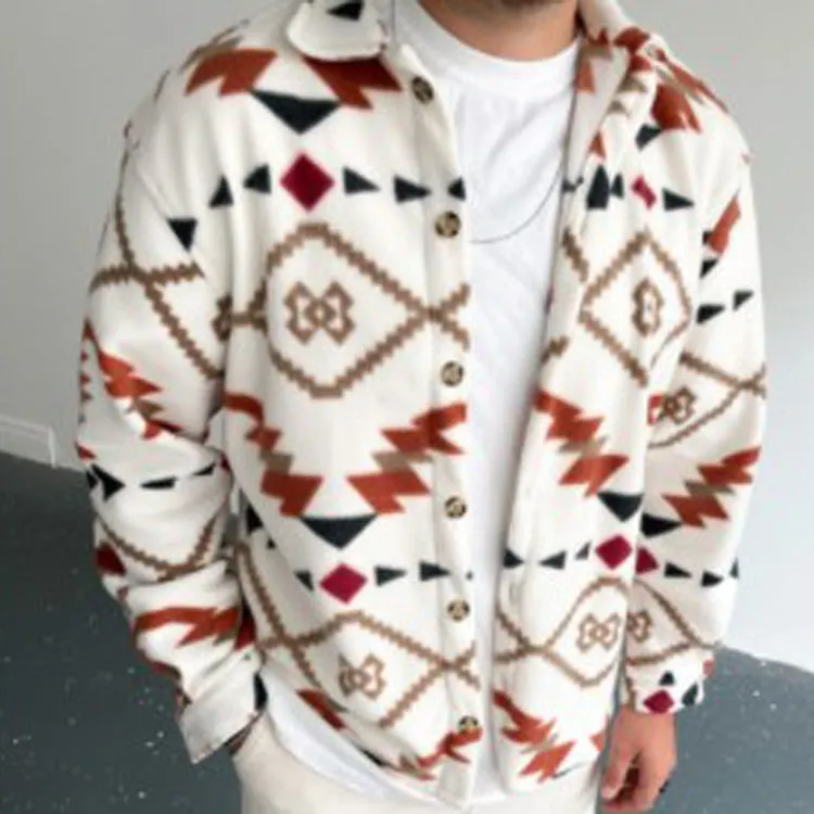 Retro ethnic print white men's casual shirt jacket with lapel collar on model